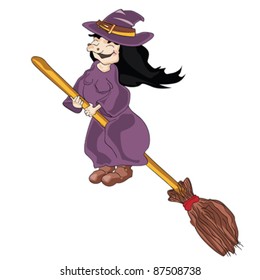 Modern flat design with funny cartoon witch on broomstick, isolated on white background