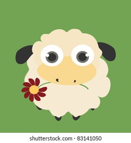 Modern flat design with funny sheep holding a red flower 