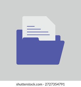 Ilustración gráfica de diseño plano moderno de una carpeta de archivo abierta púrpura que sostiene un documento blanco con líneas Horizontales que simbolizan la organización de gestión de datos y el almacenamiento de información contra un neutro