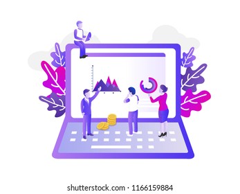 Diseño plano moderno con un grupo de personas de negocios en miniatura analizan los datos juntos. 