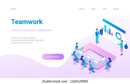 Modern flat design hero image with miniature people are working together. Concept for Teamwork. Responsive landing page.