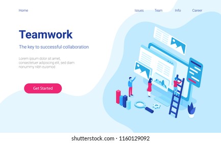 Modern flat design hero image with miniature people trying to fix website together. Concept for Teamwork. Responsive landing page.