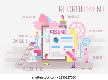 Modern Flat Design Hiring, Job Interview and Recruitment Concept - Young Men and Women near Big Resume. Read and Fill out Form. Vector Illustration.