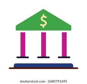 Un icono de diseño plano moderno de un edificio bancario con un signo de dólar. Este gráfico colorido y estilizado es perfecto para las finanzas, la banca y los conceptos comerciales. Aislado en un fondo blanco.
