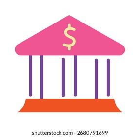 Un icono de diseño plano moderno de un edificio bancario con un signo de dólar. Este gráfico vibrante y estilizado es perfecto para las finanzas, la banca y los conceptos comerciales. Aislado en un fondo blanco.
