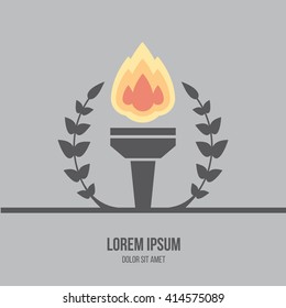 Modern flat design icon of burned torch with olive branches. Flame. Symbol of friendship, peace and victory