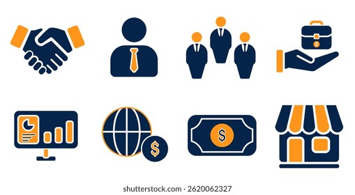 A modern flat design icon collection focused on global business, finance, and teamwork. Includes visuals of handshake, businesspeople, growth chart, money, globe, and shop.