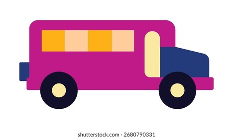 Un icono de diseño plano moderno de un autobús escolar colorido. Este gráfico simple y estilizado es perfecto para el regreso a la escuela, el transporte o los temas de los niños. Vista lateral aislada.
