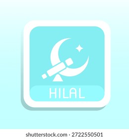 Un icono de diseño plano moderno con una luna creciente, estrella y símbolo del telescopio sobre un fondo turquesa
