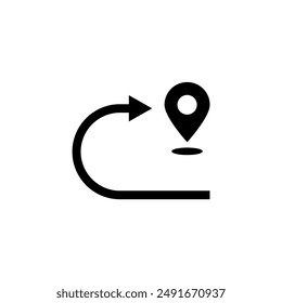 Modern, flat design icon of a location pin and curved arrow, perfect for navigation and map-related applications.