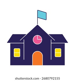 Un icono de diseño plano moderno de una escuela o edificio universitario. Este gráfico colorido con una bandera y un reloj es perfecto para temas educativos, conceptos de regreso a la escuela y materiales de aprendizaje.
