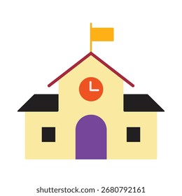 A modern flat design icon of a school building. This colorful graphic with a clock and flag is perfect for educational themes, back-to-school concepts, or as a web symbol.
