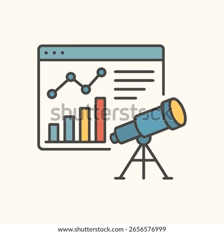 A modern flat design icon symbolizing business forecasting, market analysis, and strategic vision. This vector graphic features a telescope viewing data charts and graphs, representing future trends, 