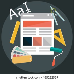 Modern flat design icons on design development theme. Icons for graphic design, web design, branding, packaging design, freelance designers, photography and creative design process.