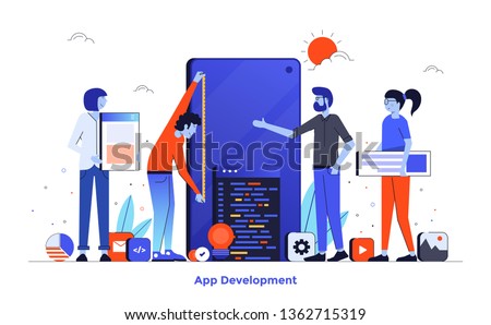 Modern flat design illustration of App Development. Can be used for website and mobile website or Landing page. Easy to edit and customise. Vector illustration isolated on white background. Foto d'archivio © 