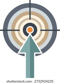 Ilustración de diseño plano moderno de una flecha que golpea el centro de un objetivo o diana, simbolizando el logro de la meta, el éxito comercial, el enfoque estratégico y la precisión. Icono perfecto para marketing, métricas de rendimiento, establecimiento de objetivos y conceptos de precisión.
