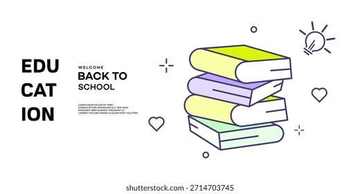 Ilustración de diseño plano moderno para la vuelta a la escuela y la educación. Pila de libros con bombillas creativas e iconos de corazón que representan el conocimiento y el aprendizaje. Gráfico de Vector minimalista.