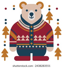 Modern flat design illustration of a bear in warm winter clothes