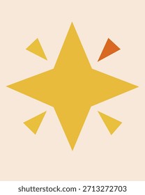 Ilustração de design plano moderno de uma estrela brilhante amarela de quatro pontas com pequenos elementos triangulares radiantes, ideal para prêmios, sucesso ou conceitos de notificação.