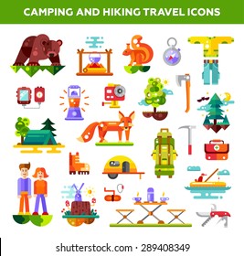 Modern flat design illustration of camping and hiking info travel graphic vector elements, icons