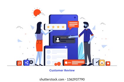 Modern flat design illustration of Customer Reviews. Can be used for website and mobile website or Landing page. Easy to edit and customise. Vector illustration isolated on white background.