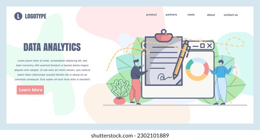 Ilustración moderna de diseño plano del análisis de datos. Conjunto de ilustraciones de análisis de datos financieros. Asesor con el cliente analizando informe financiero y calculando informe de impuestos. Ilustración del vector