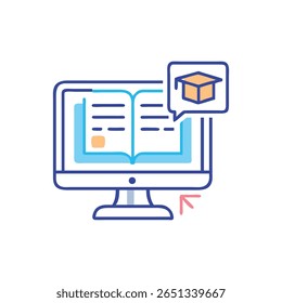 Modern flat design illustration depicting online learning via computer with open book and graduation cap icon