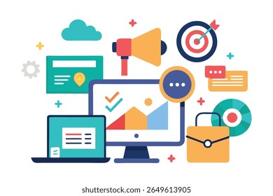 Ilustração de design plano moderno: estratégia de marketing digital, sucesso de negócios on-line, público-alvo, análise de dados e computação em nuvem.