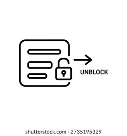Modern flat design illustration of a digital screen with a padlock being unlocked by an arrow labeled unblock, symbolizing access, security, and freedom in technology.