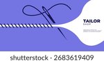 Modern flat design illustration featuring a sewing needle and thread creating stitches, perfect for a tailor shop banner, fashion, or textile craft branding.