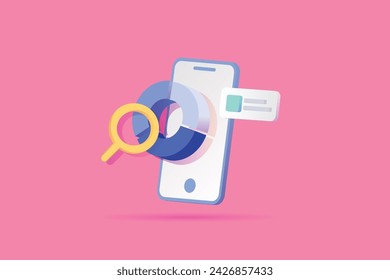 Modern flat design illustration featuring a smartphone with statistical pie chart and magnifying glass, symbolizing mobile analytics, data research, and report visualization on a pink background