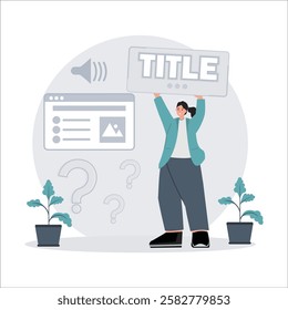 A modern flat design illustration featuring a woman holding a title banner with digital elements, including a browser window, sound icon, and question marks. 