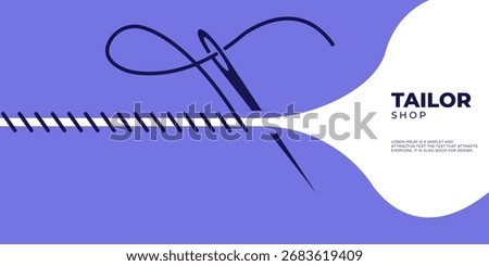 Modern flat design illustration featuring a sewing needle and thread creating stitches, perfect for a tailor shop banner, fashion, or textile craft branding.
