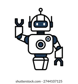 A modern flat design illustration of a friendly white and blue robot waving. This clean vector character features a central sensor and articulated arms, perfect for AI and technology concepts.
