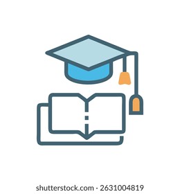 A modern flat design illustration of a graduation cap atop an open book. Vector art style.