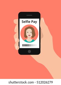 Modern flat design illustration, hand hold smart phone, selfie pay concept. Selfie pay is a money transfer method with smart phone