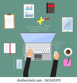 modern flat design illustration on business hands working with laptop and paper documents top view, vector illustration.