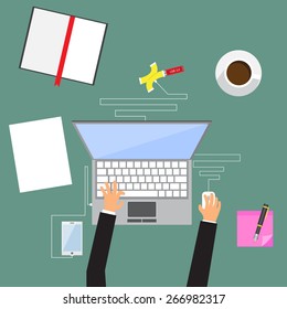 modern flat design illustration on business hands working with laptop and paper documents, top view, hot coffee, vector illustration.
