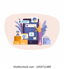 Modern flat design illustration of Online Shopping rating app.