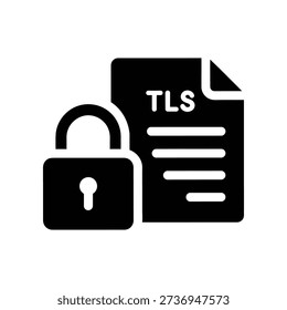 Modern flat design illustration of a padlock and TLS document symbolizing secure data encryption, privacy, and cybersecurity for business and technology use.