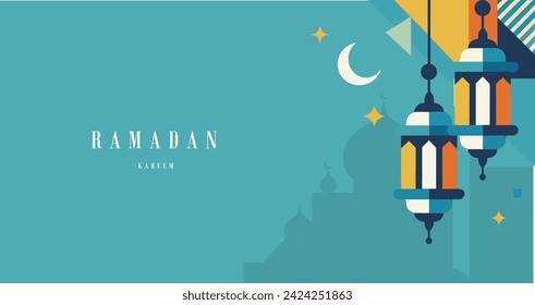 Modern flat design illustration for Ramadan Kareem with hanging lanterns, a crescent moon, stars, and mosque silhouette in a cool teal.