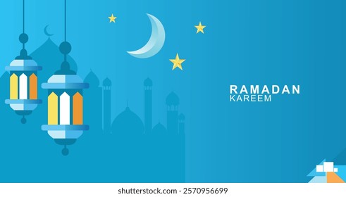 Modern flat design illustration for Ramadan kareem with hanging laterns, a crescent moon, stars and mosque silhouette in a cool teal