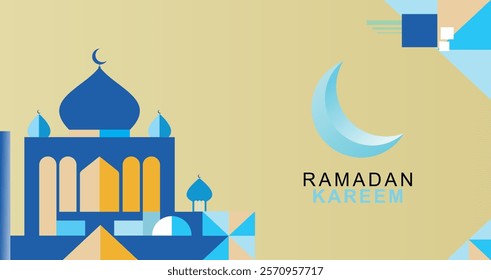 Modern flat design illustration for Ramadan kareem with hanging ornaments, crescent moon, stars and mosque silhouette on yellow background