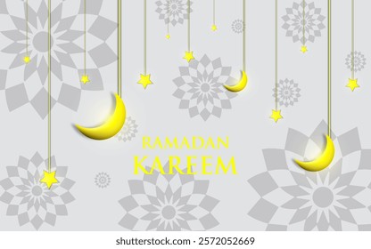 Modern flat design illustration for Ramadan Kareem with hanging crescent moon, and stars.