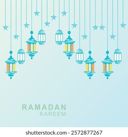 Modern flat design illustration for Ramadan kareem with hanging laterns, a crescent moon, stars and mosque silhouette in a cool teal