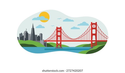Uma ilustração de design plano moderno da Ponte Golden Gate vermelha sobre água azul, com um horizonte da cidade, colinas verdes e um sol no céu.