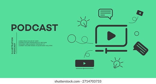 Ilustração de design plano moderno representando mídia de podcast e comunicação digital. Apresenta botões de reprodução, balões de fala e lâmpadas em um fundo verde.