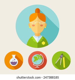 Modern flat design illustration, set of stylish colorful icons teacher and elements - bulb, globe, divider, ruler