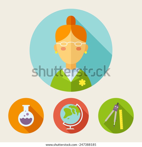 Modern flat design\
illustration, set of stylish colorful icons teacher and elements -\
bulb, globe, divider,\
ruler