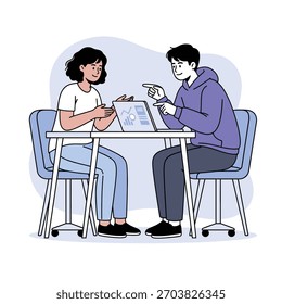 Ilustración de diseño plano moderno de dos personas discutiendo el análisis de datos durante una reunión de negocios.